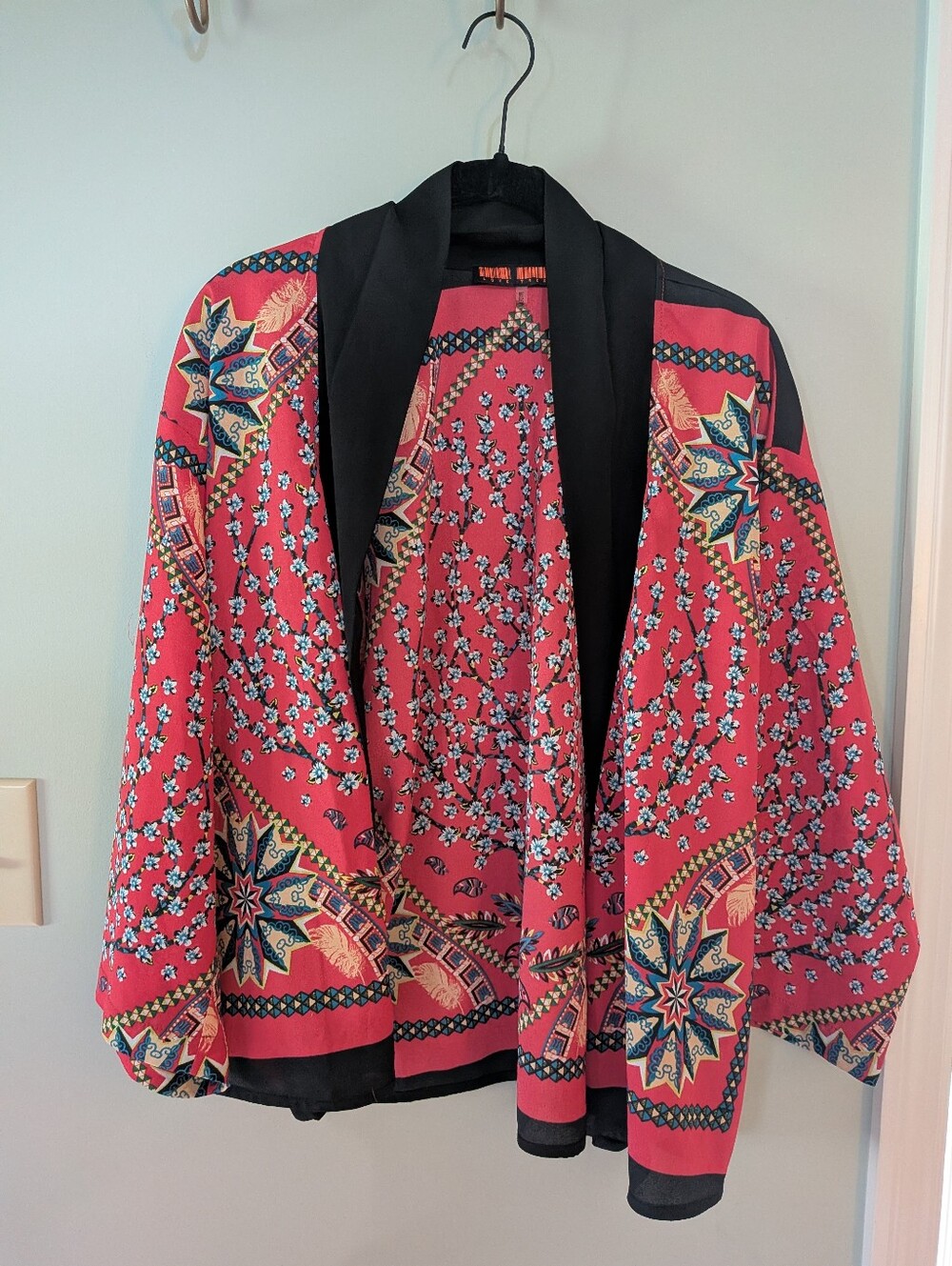 Love Tree Red Floral-Print Open Front Blazer Kimono with Black Trim
